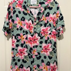 Men's Floral Casual Button Down Shirt - Green and Pink